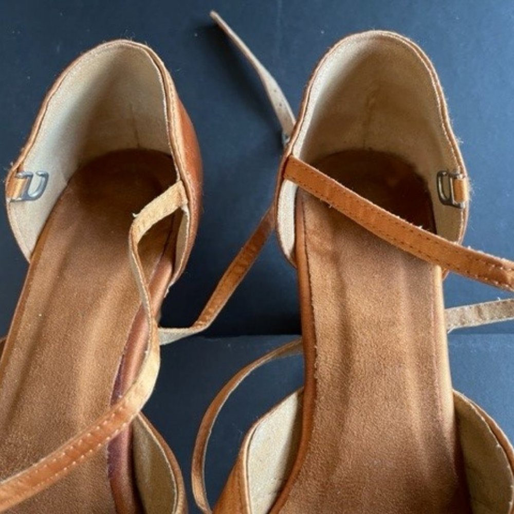 Supadance SATIN DANCE SHOES Suede Bottom, Dark Tan Satin, 2.5 in. heel, Size 7.5 - Picture 4 of 8